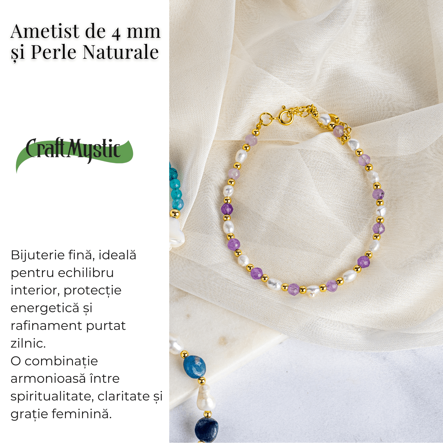 Bratara spirituala cu ametist 4mm si perle – Rafinament purtat zilnic