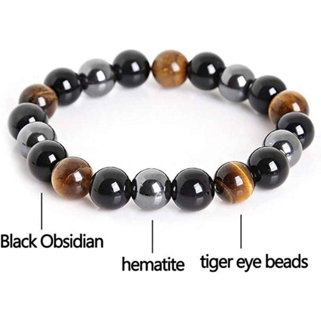 Bratara cu tripla protectie din obsidian negru, ochi de tigru si hematit 10 mm - Bratara feng shui pentru protectie, noroc si prosperitate