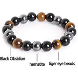 Bratara cu tripla protectie din obsidian negru, ochi de tigru si hematit 10 mm - Bratara feng shui pentru protectie, noroc si prosperitate