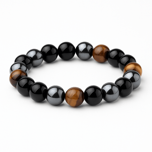 Bratara cu tripla protectie din obsidian negru, ochi de tigru si hematit 10 mm - Bratara feng shui pentru protectie, noroc si prosperitate