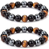 Bratara cu tripla protectie din obsidian negru, ochi de tigru si hematit 10 mm - Bratara feng shui pentru protectie, noroc si prosperitate