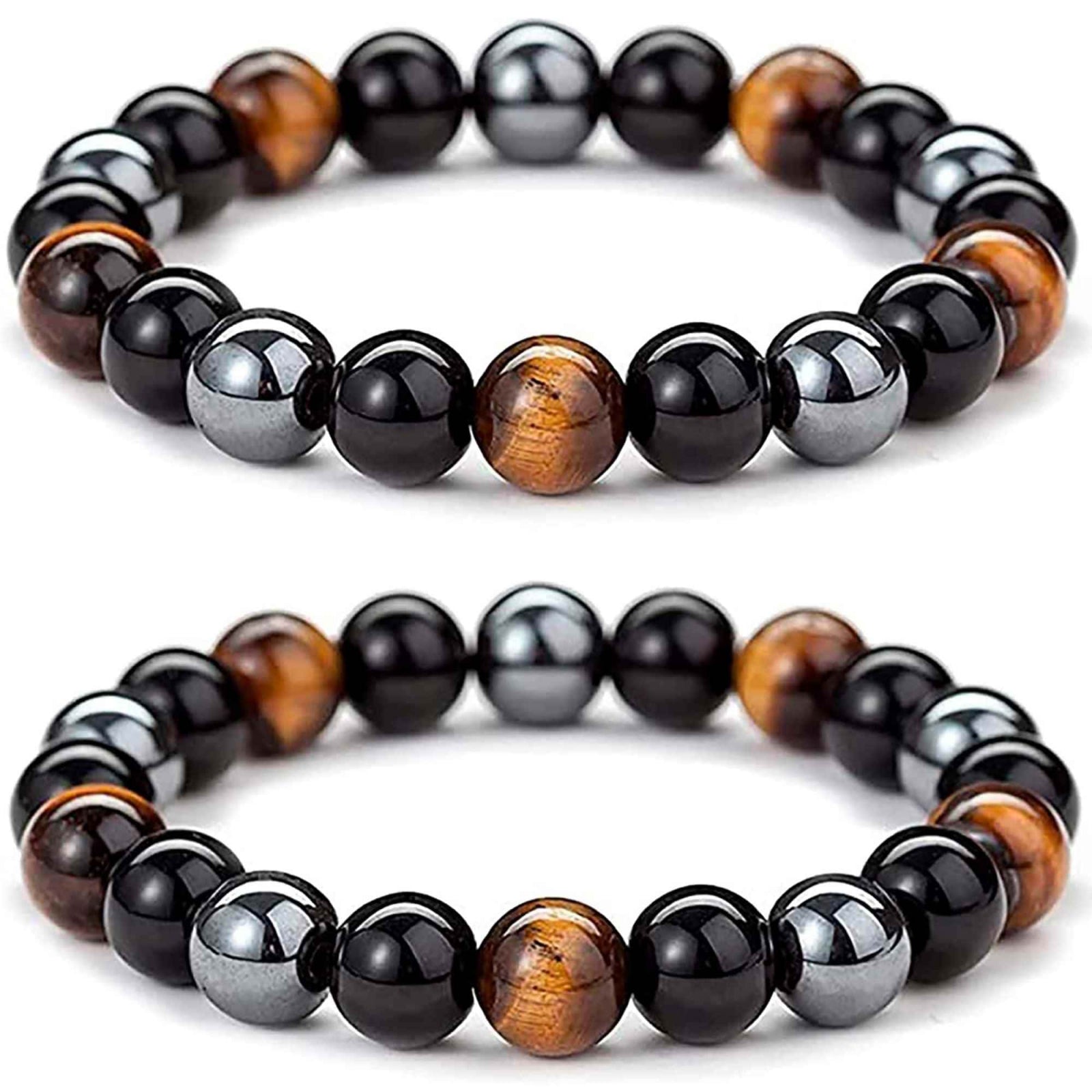 Bratara cu tripla protectie din obsidian negru, ochi de tigru si hematit 10 mm - Bratara feng shui pentru protectie, noroc si prosperitate