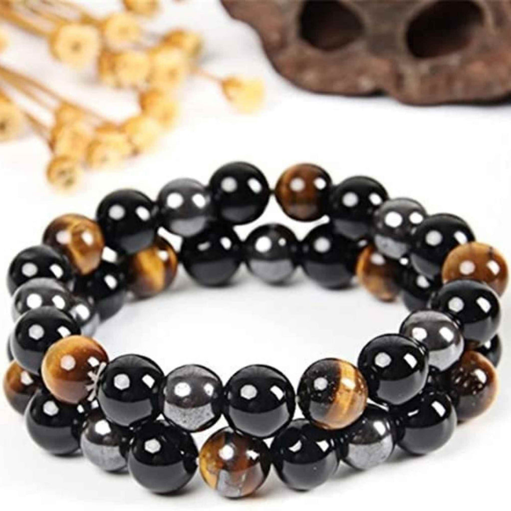 Bratara cu tripla protectie din obsidian negru, ochi de tigru si hematit 10 mm - Bratara feng shui pentru protectie, noroc si prosperitate