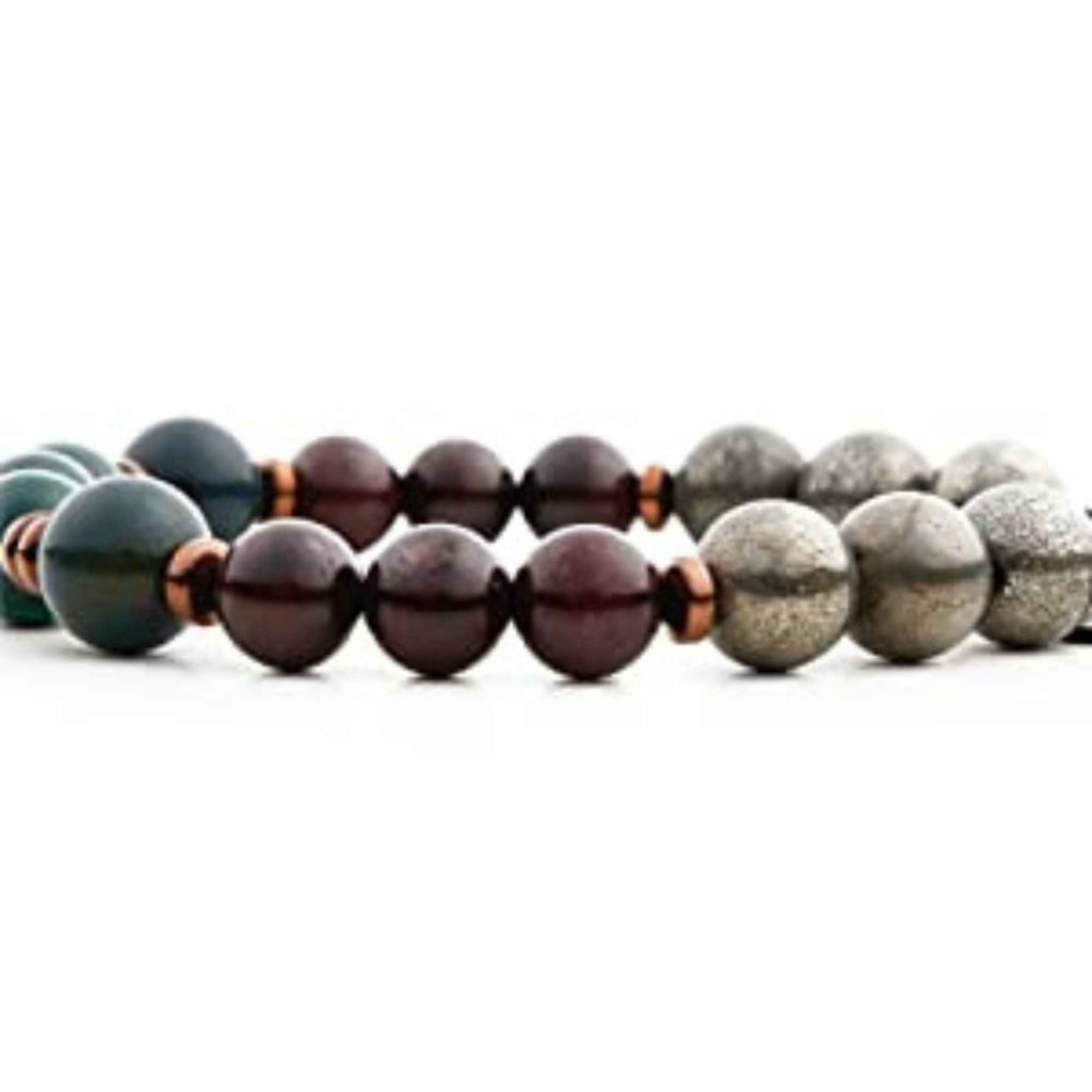 Bratara de cristal cu margele 8mm cu malachit, pirit, piatra de sange si piatra de granat - Bratari spirituale si chakre pentru femei si barbati pentru noroc si noroc