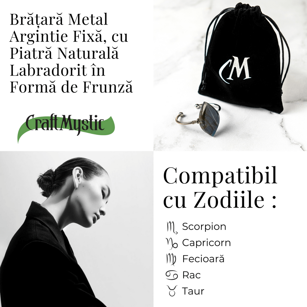 Bratara Fixa Argintie cu Labradorit Frunza – Intuitie si Protectie