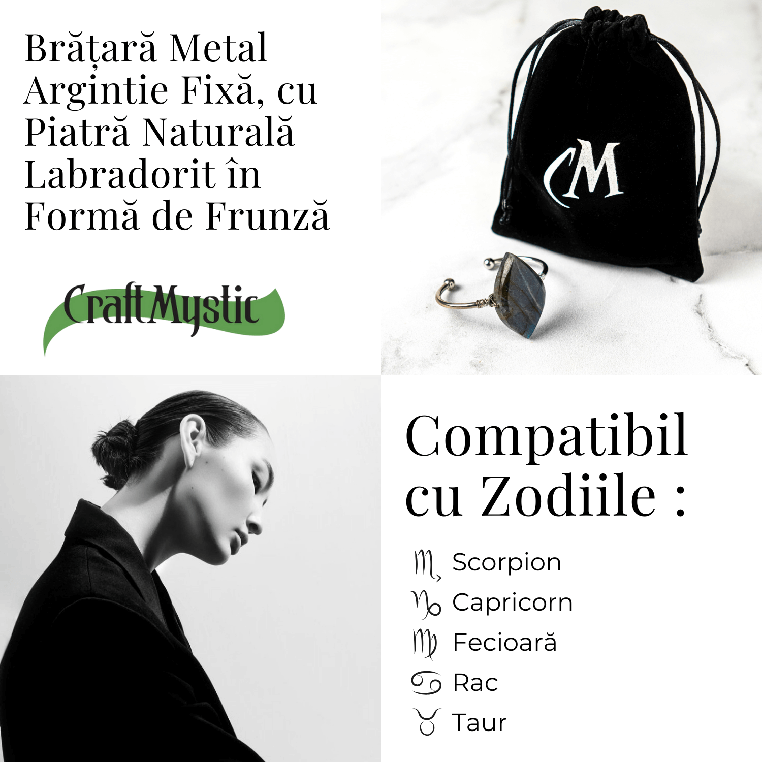 Bratara Fixa Argintie cu Labradorit Frunza – Intuitie si Protectie