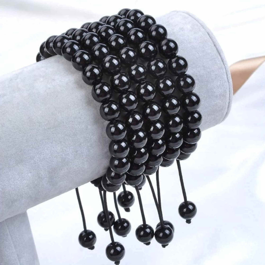 Bratara cu Margele de 8mm din Cristale Semipretioase Onyx Negru, Curea de Mana Reglabila pentru Incheietura Mainii, Eliminator de Energie Negativa