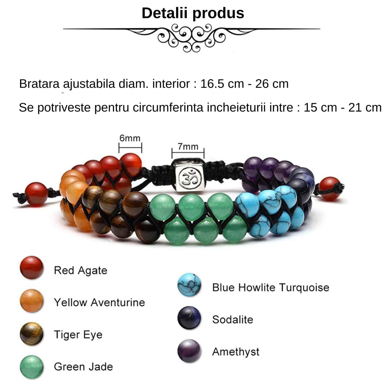 Bratara dubla 7 chakra cu pietre semipretioase naturale cu pigment de culoare de 6 mm – Bratara pentru meditatie