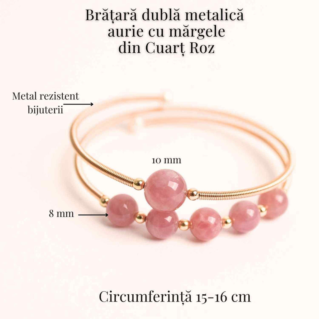 Bratara dubla metalica aurie si Cuart Roz natural pentru calm si claritate mentala