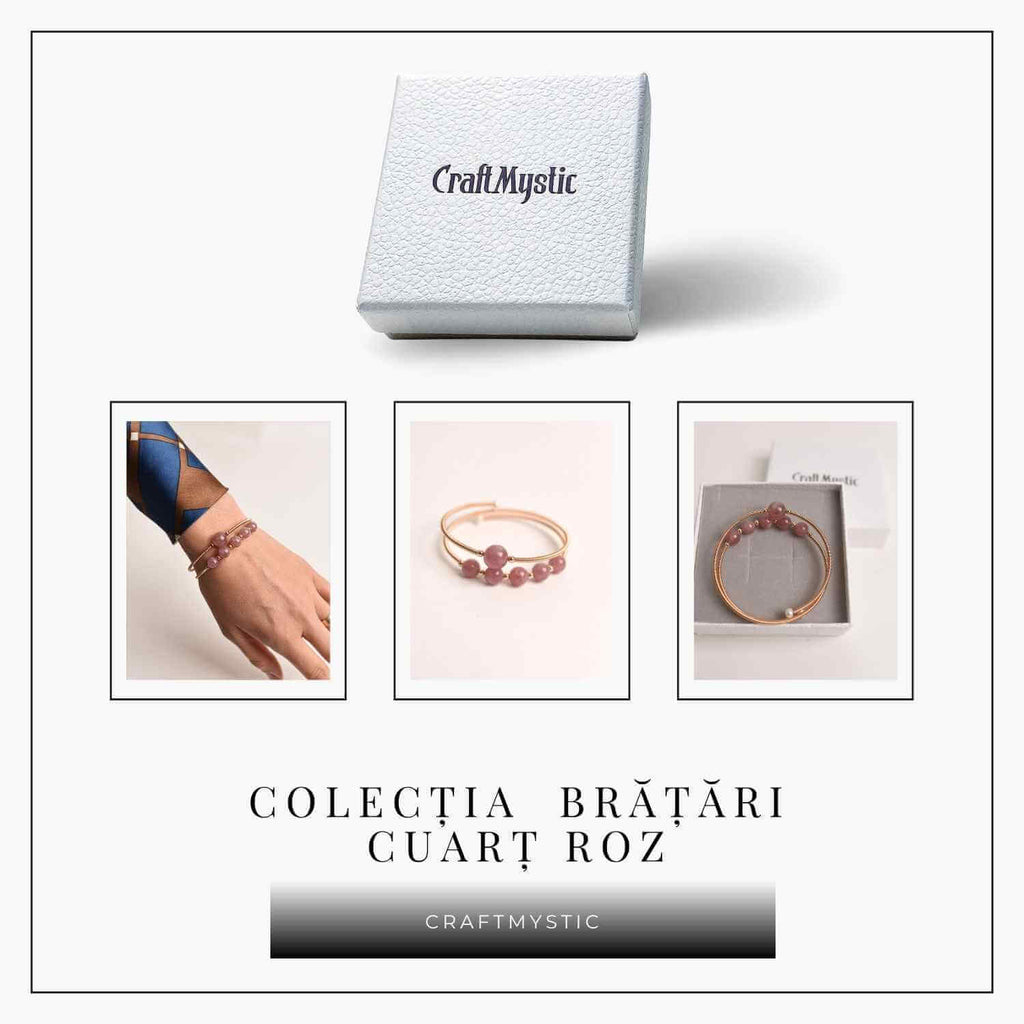 Bratara dubla metalica aurie si Cuart Roz natural pentru calm si claritate mentala