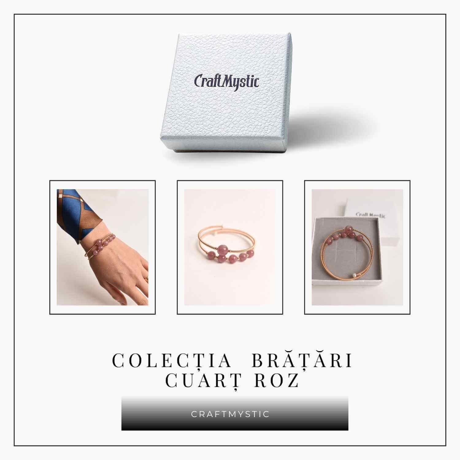 Bratara dubla metalica aurie si Cuart Roz natural pentru calm si claritate mentala