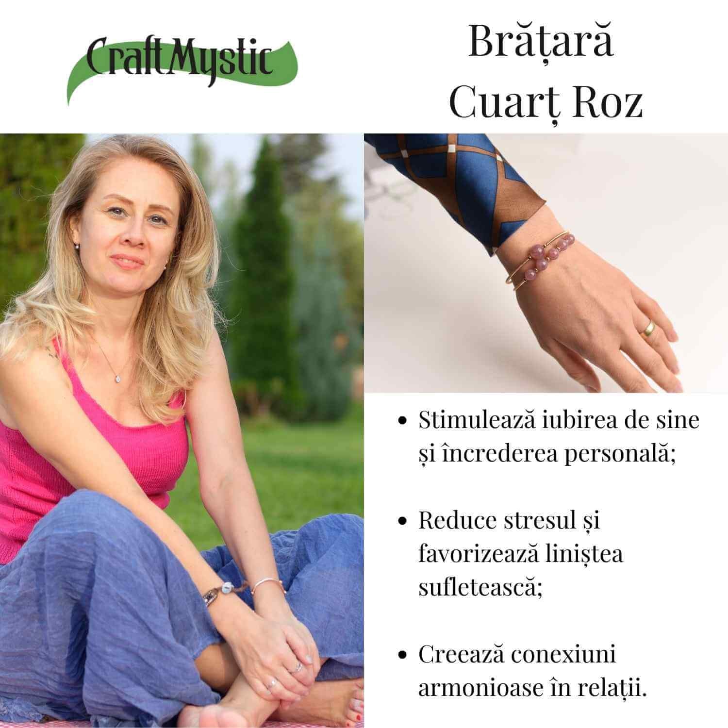 Bratara dubla metalica aurie si Cuart Roz natural pentru calm si claritate mentala