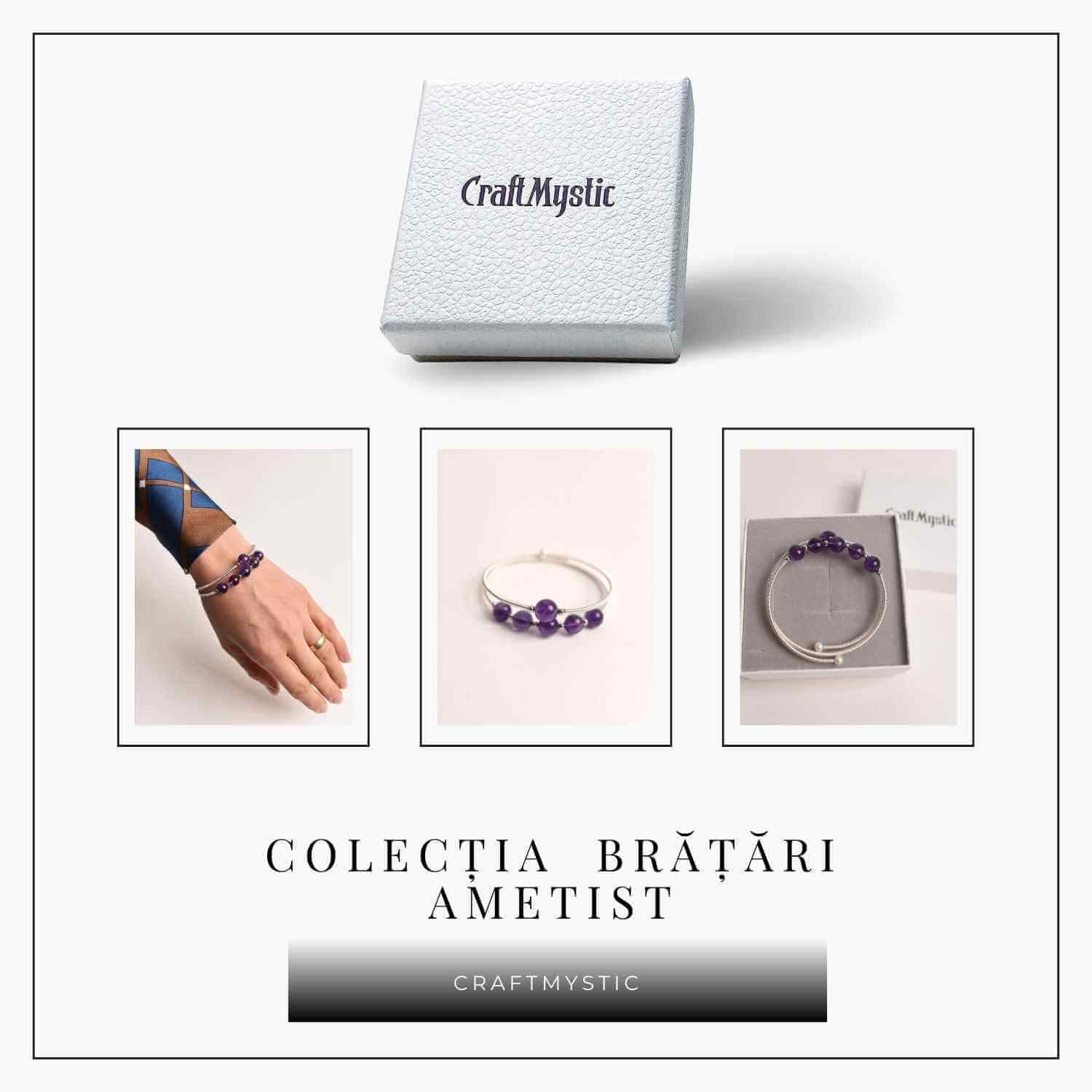 Bratara dubla metalica argintie cu ametist natural pentru calm si claritate mentala