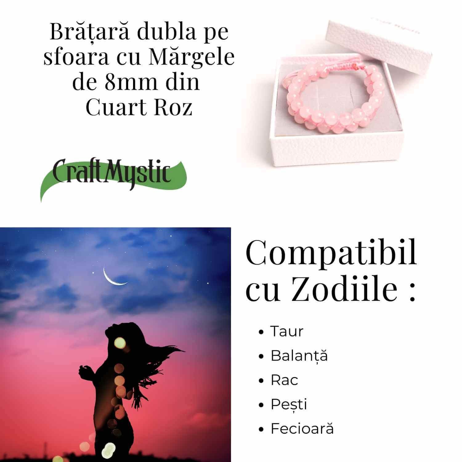 Bratara Dubla Reglabila din Cuart Roz 8mm – Iubire și Armonie