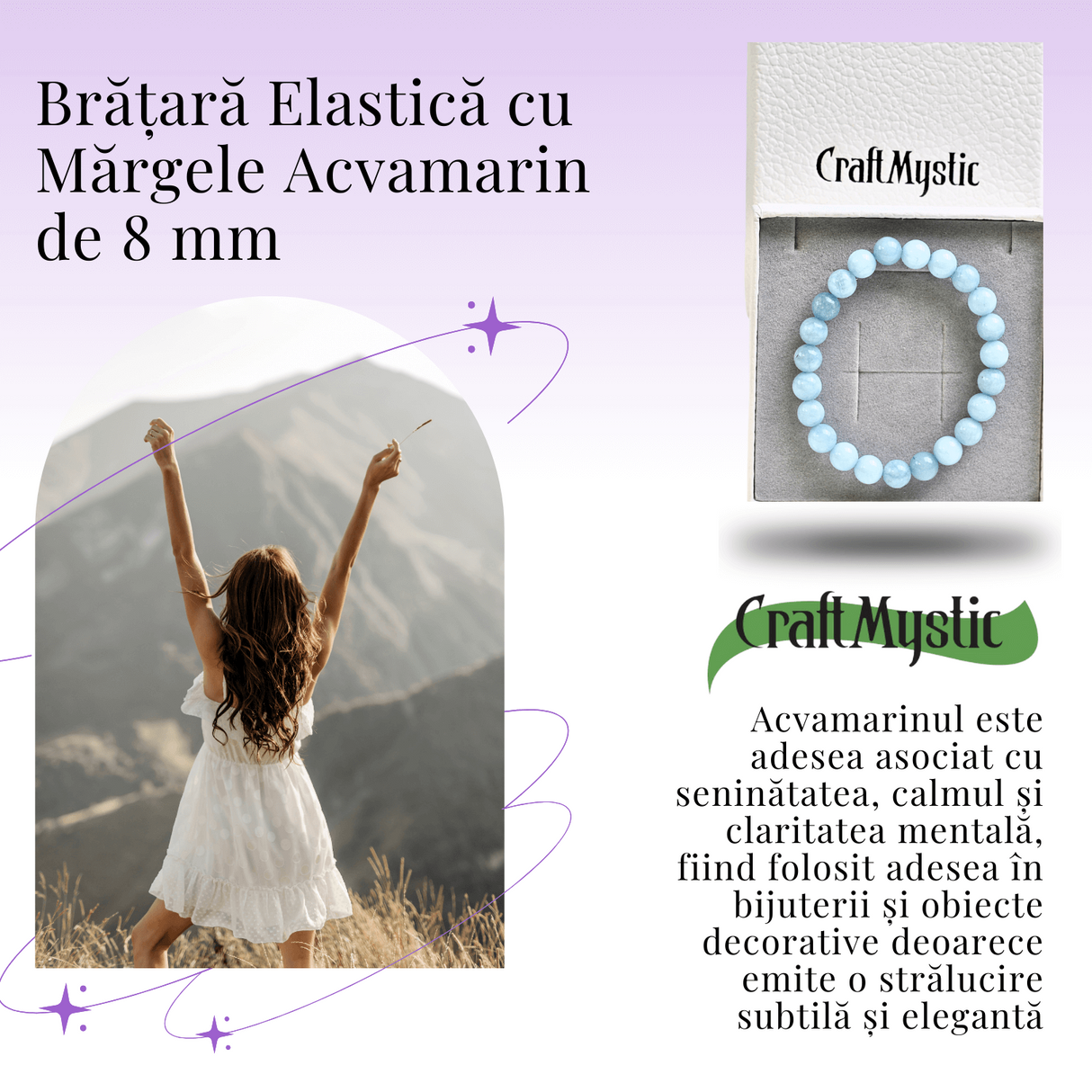 Bratara Elastica cu Margele de Acvamarin 8mm