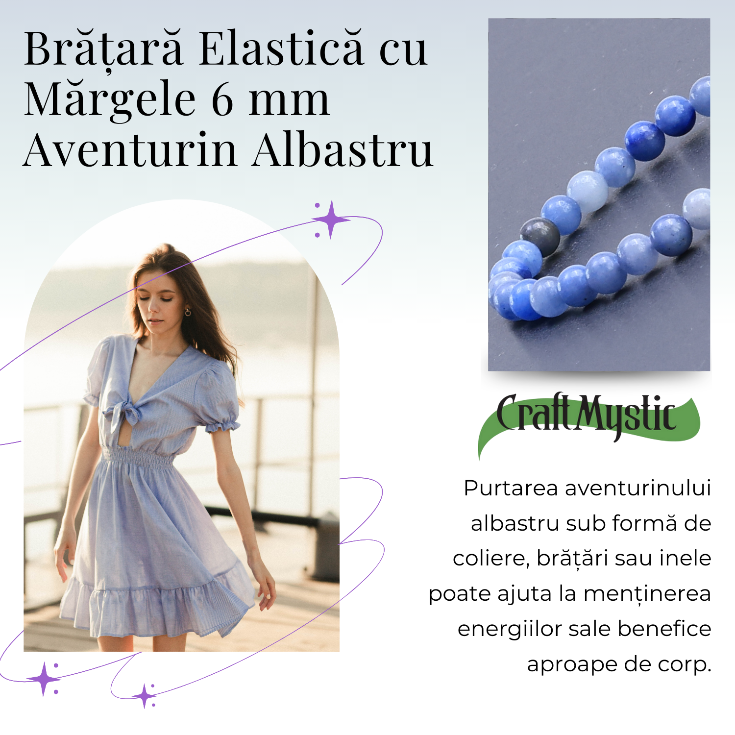 Bratara Elastica cu Margele 6mm Aventurin albastru pentru Claritate Mentala si Focus