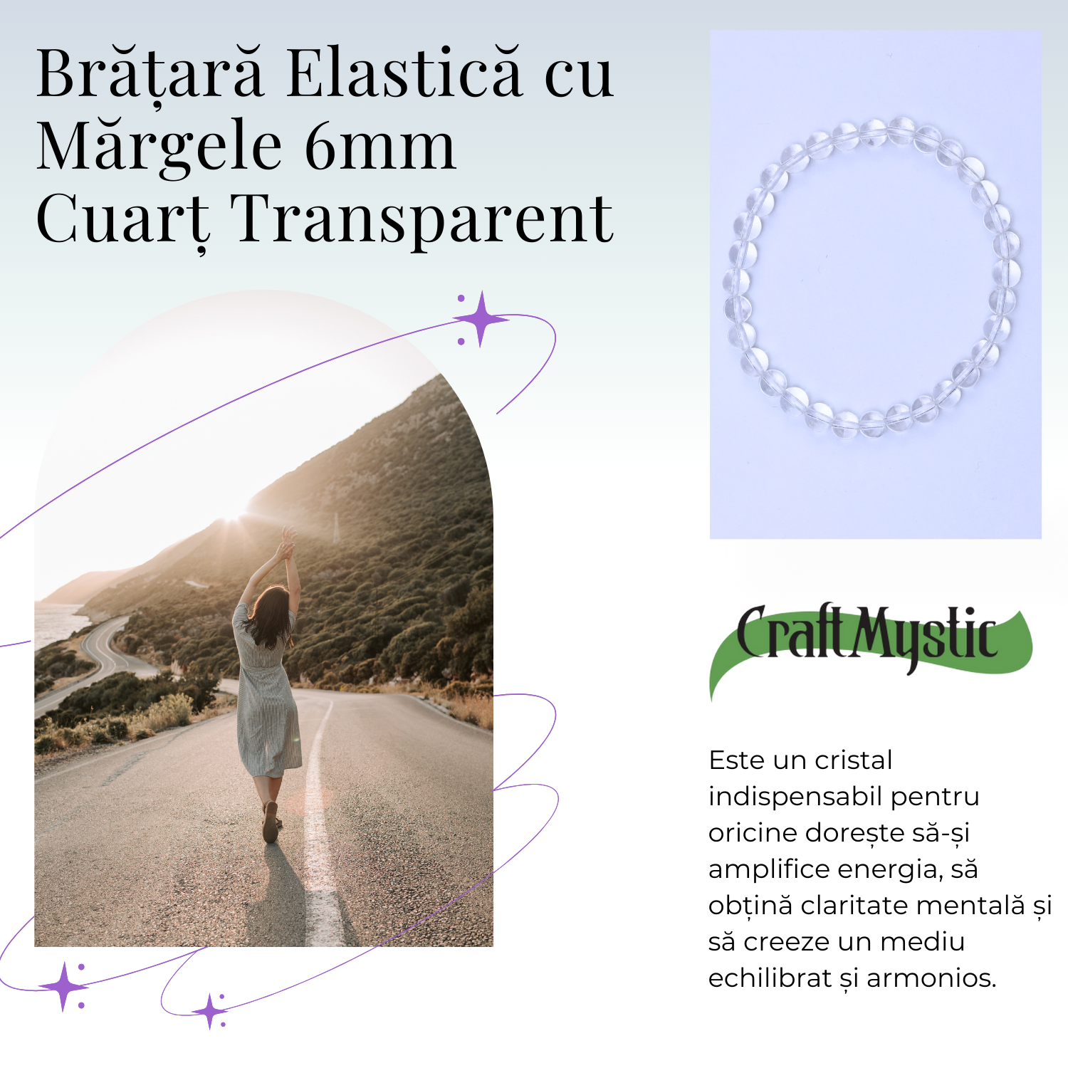 Bratara Elastica cu Margele 6mm Cuart transparent Energie Pozitiva