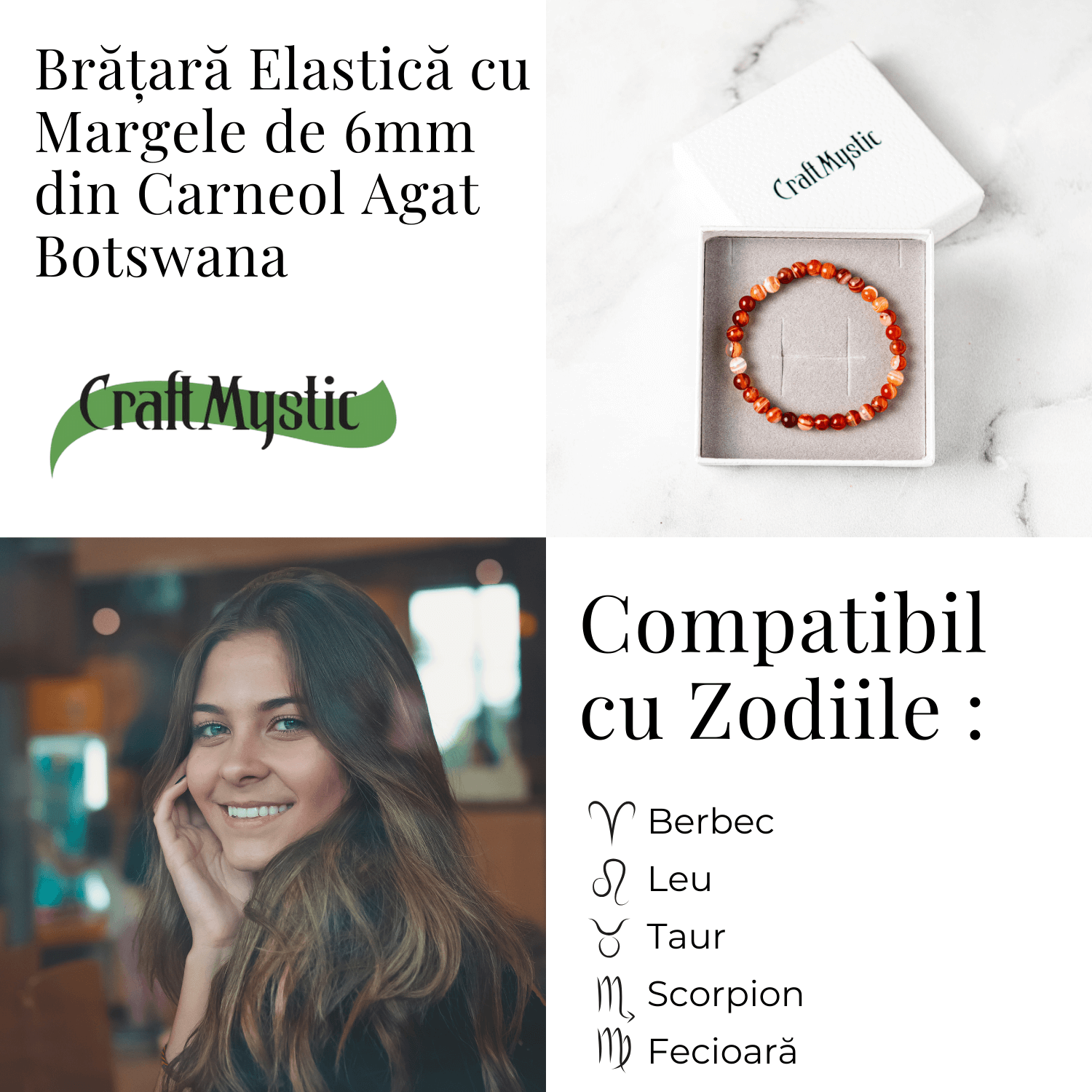 Bratara elastica cu margele 6mm de Carneol Agat Botswana – Energie si Vitalitate