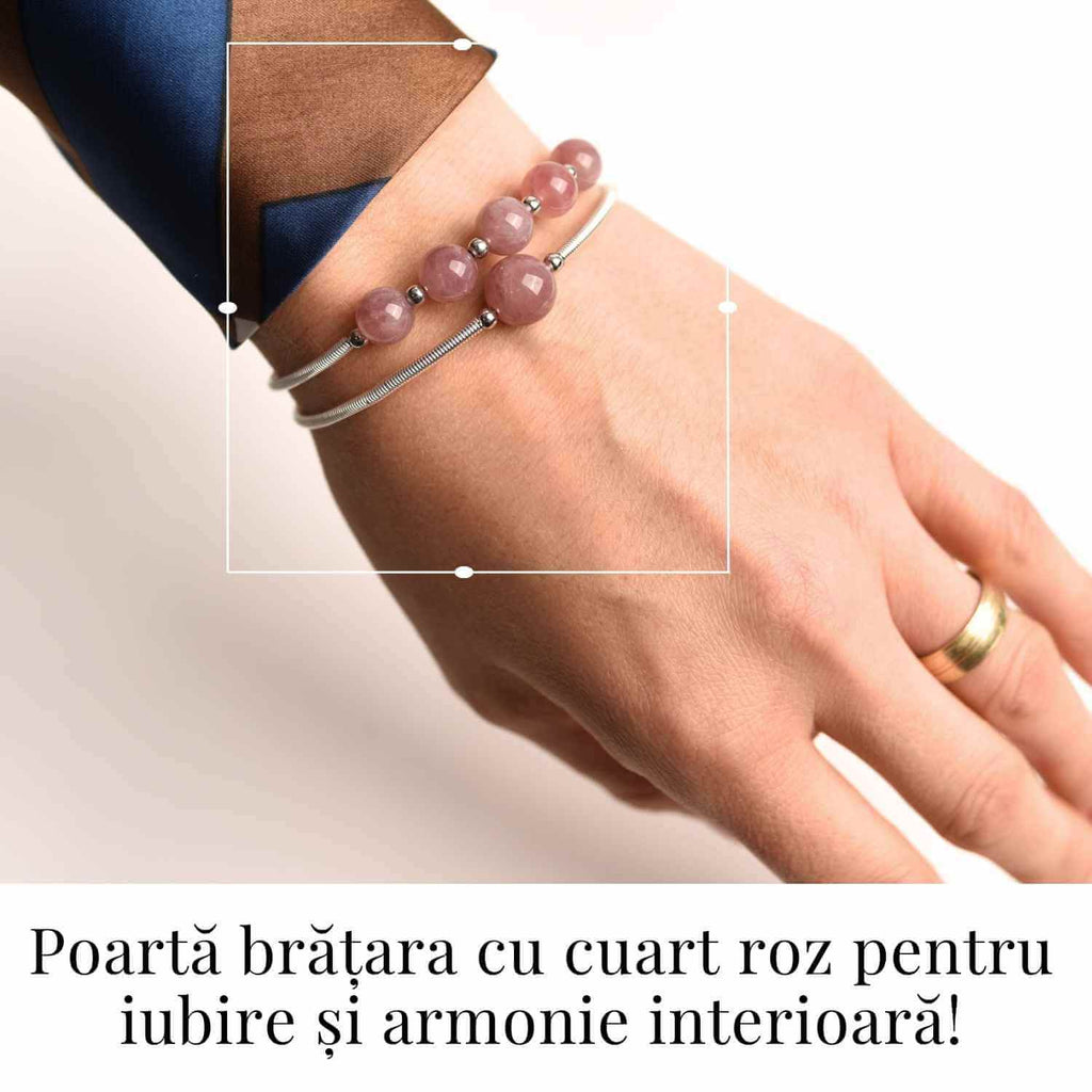 Bratara dubla metalica argintie si Cuart Roz natural pentru calm si claritate mentala