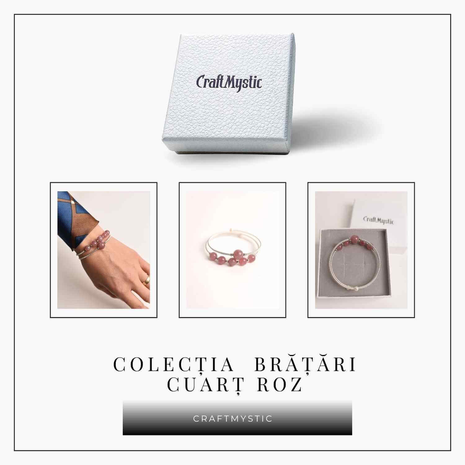 Bratara dubla metalica argintie si Cuart Roz natural pentru calm si claritate mentala