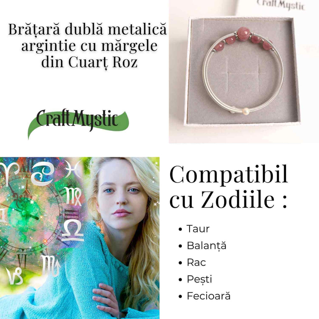 Bratara dubla metalica argintie si Cuart Roz natural pentru calm si claritate mentala