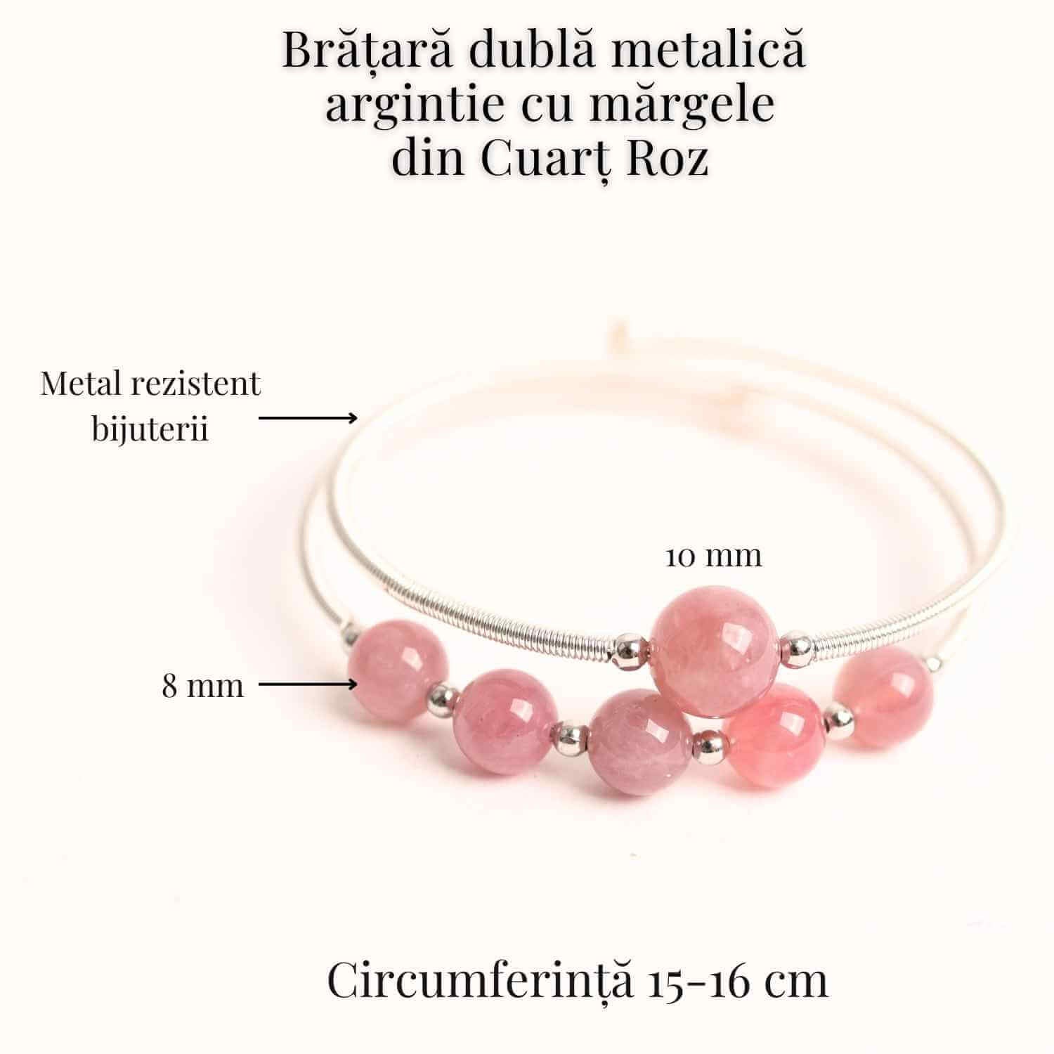 Bratara dubla metalica argintie si Cuart Roz natural pentru calm si claritate mentala