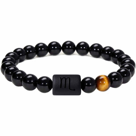 Bratara din pietre naturale 8mm Obsidian si Ochi de Tigru pentru barbati cu cele 12 constelatii - Include dubla gravura cu semn zodiacal specific