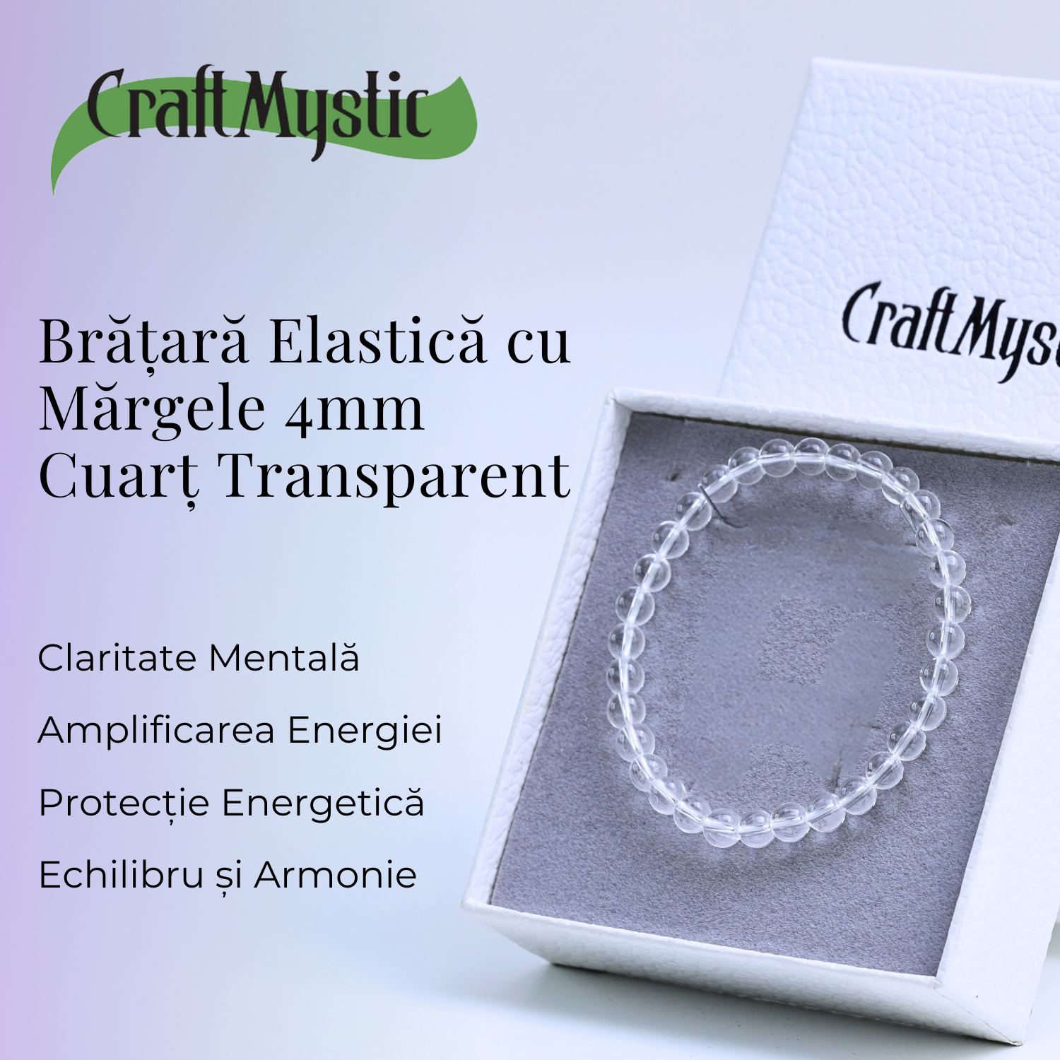 Bratara Elastica cu Margele Naturale de 4mm din Cuart transparent pentru Claritate Mentala si Focus