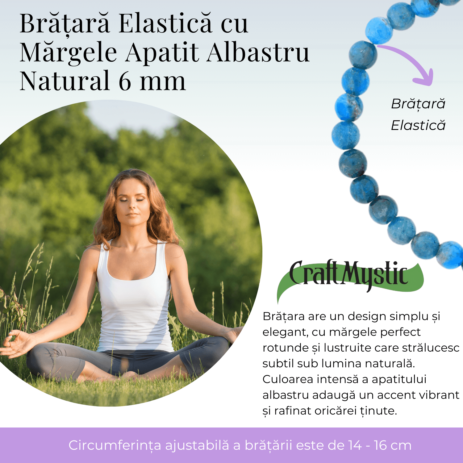 Bratara Elastica cu Margele Naturale de 6mm din Apatit Albastru