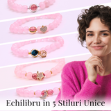 Bratara Elastica cu Margele din Cuart Roz de 8 mm, Pandantiv Albastru si Cosulet