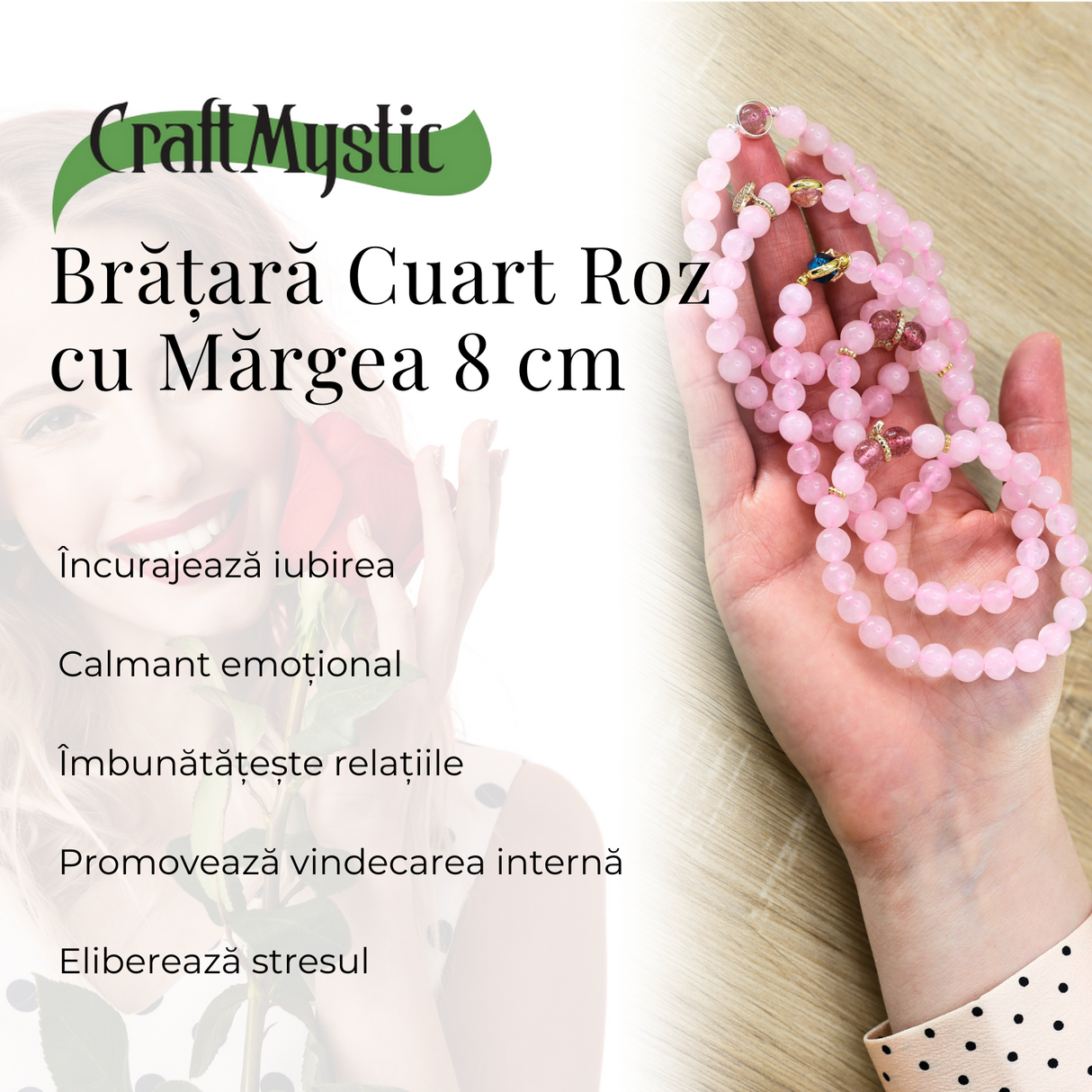 Bratara Elastica cu Margele din Cuart Roz de 8 mm, Pandantiv Albastru si Cosulet