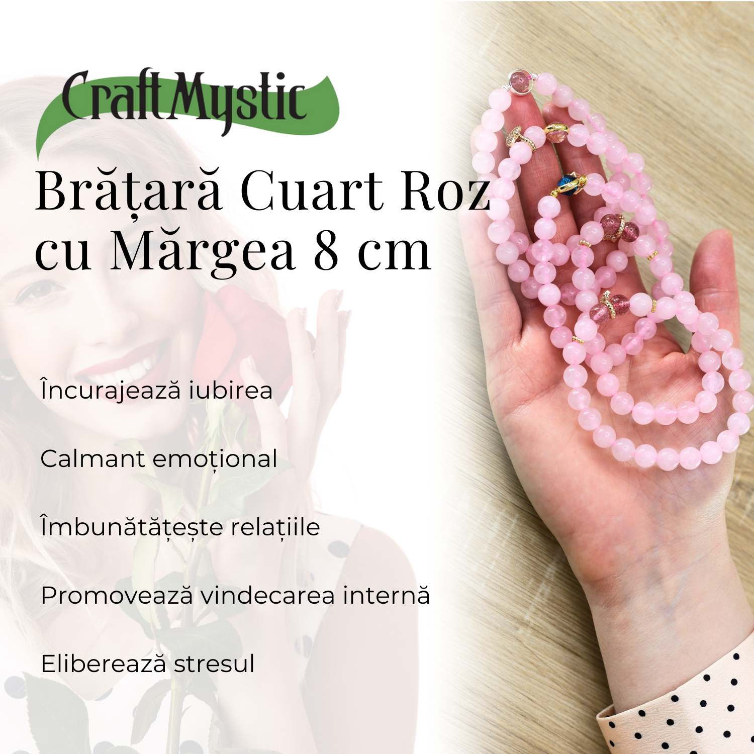 Bratara Elastica cu Margele din Cuart Roz de 8 mm, Pandantiv Albastru si Cosulet