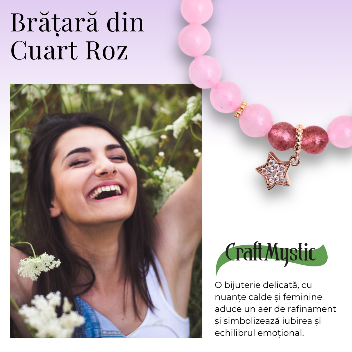 Bratara Elastica cu Margele din Cuart Roz de 8 mm, Pandantiv Albastru si Cosulet