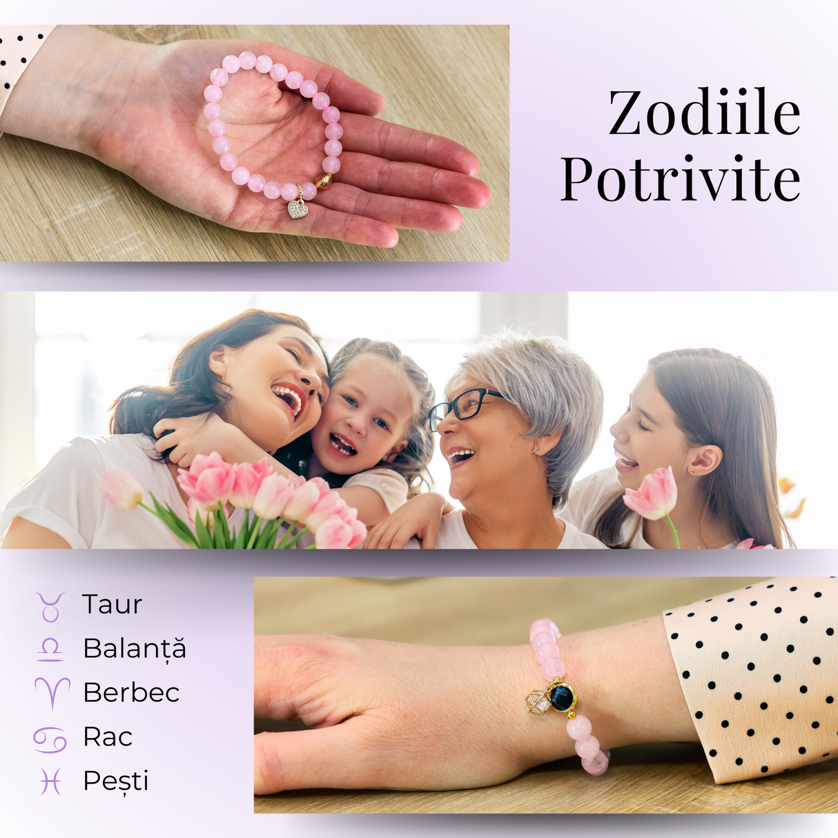 Bratara Elastica cu Margele din Cuart Roz de 8 mm, Pandantiv Albastru si Cosulet
