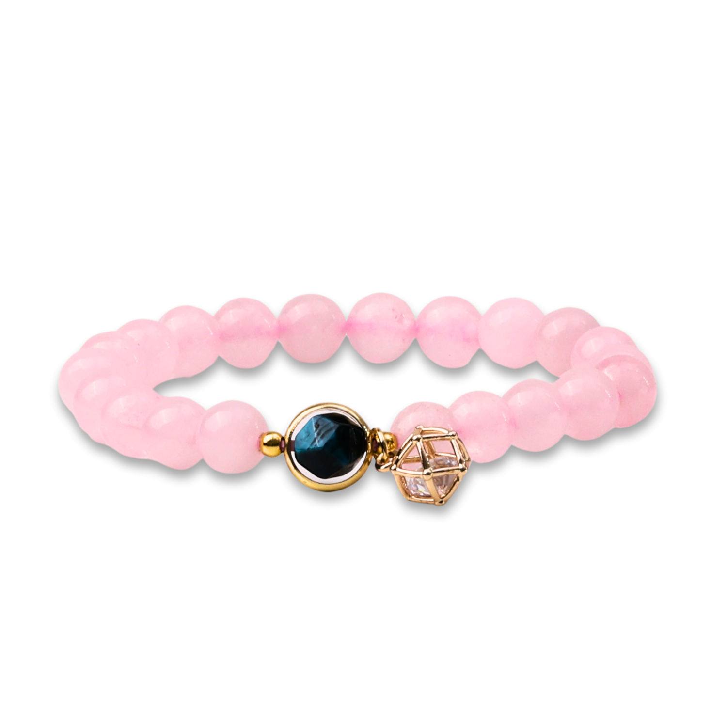 Bratara Elastica cu Margele din Cuart Roz de 8 mm, Pandantiv Albastru si Cosulet