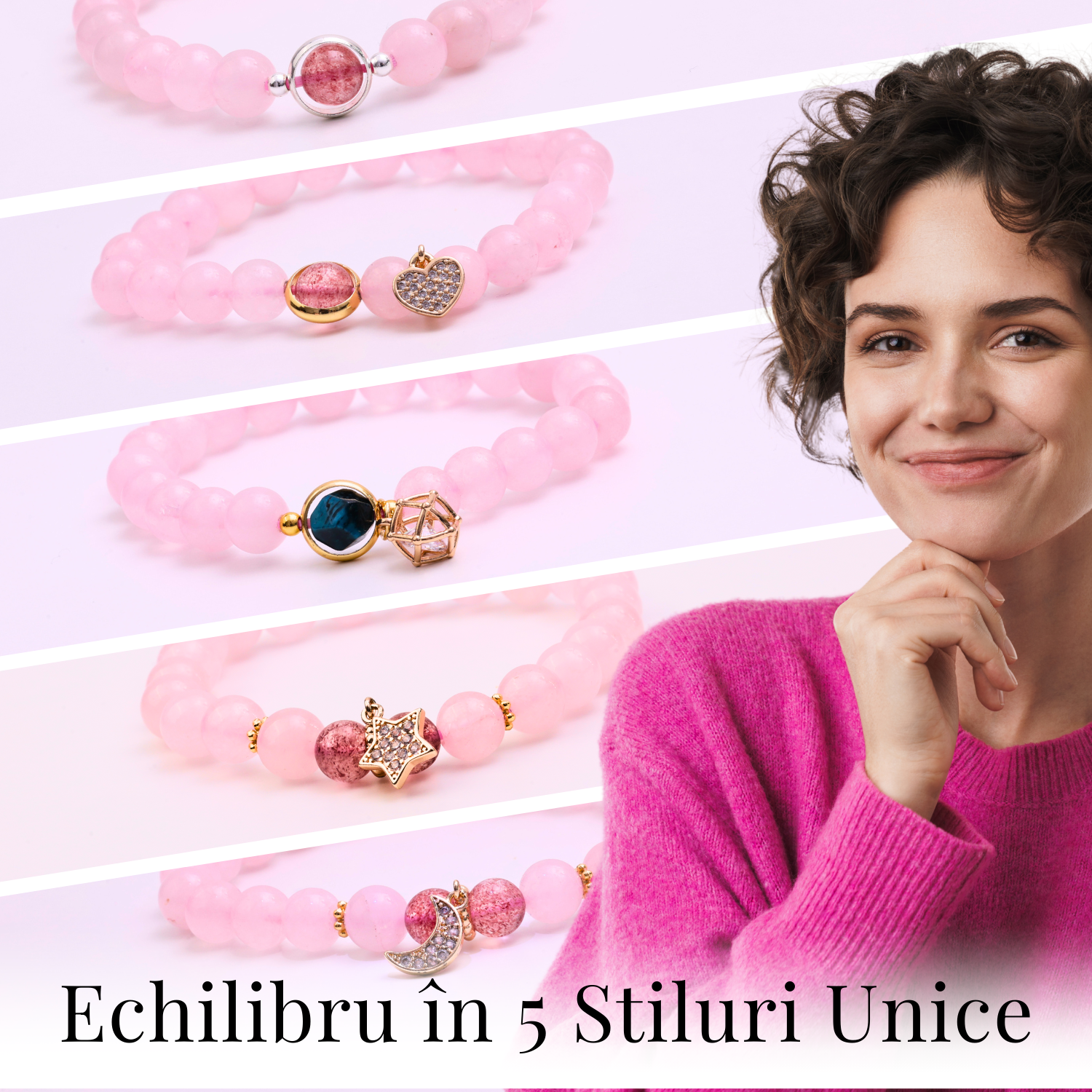 Bratara Elastica cu Margele din Cuart Roz de 8 mm, Pandantiv Sferic si Inimioara