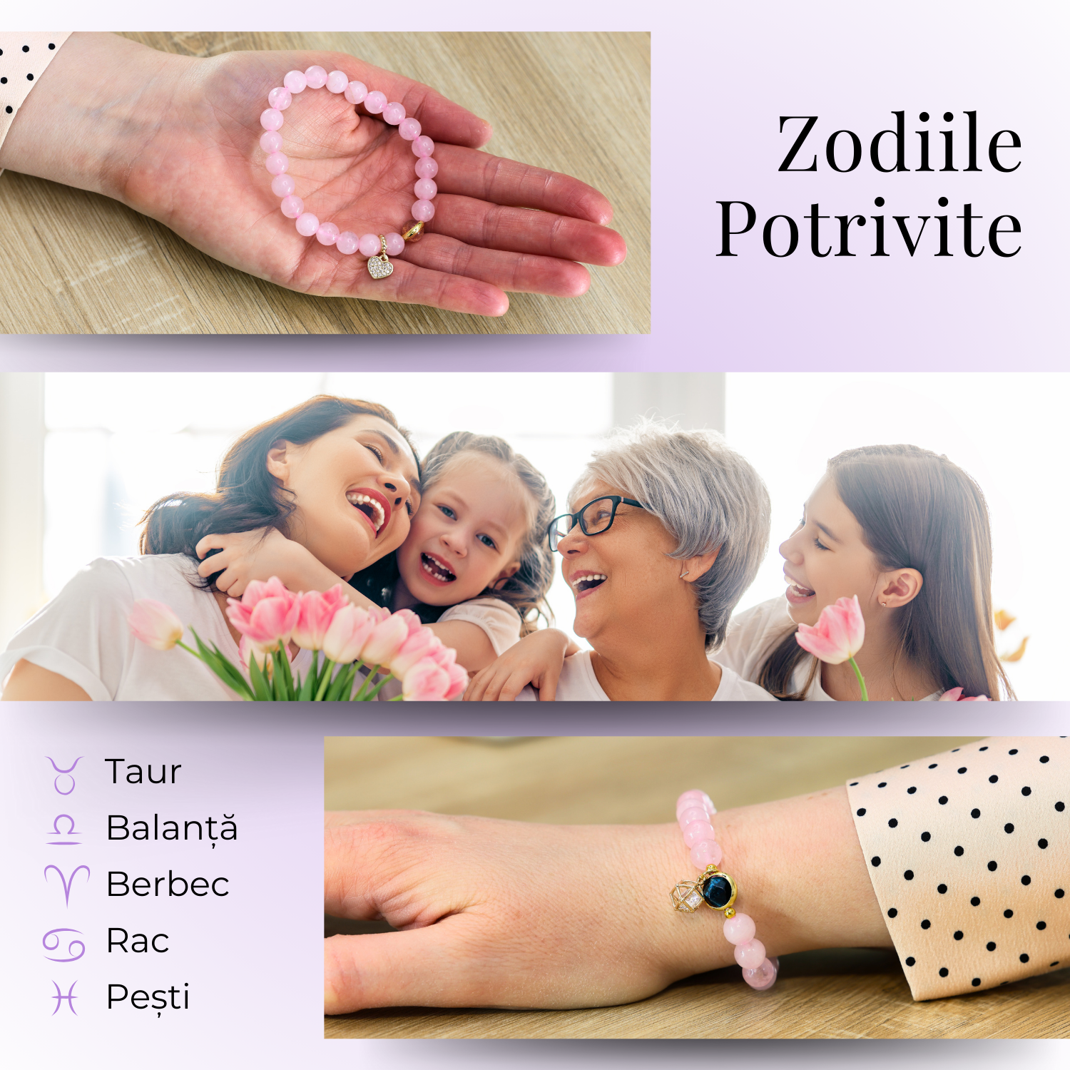 Bratara Elastica cu Margele din Cuart Roz de 8 mm, Pandantiv Sferic si Inimioara