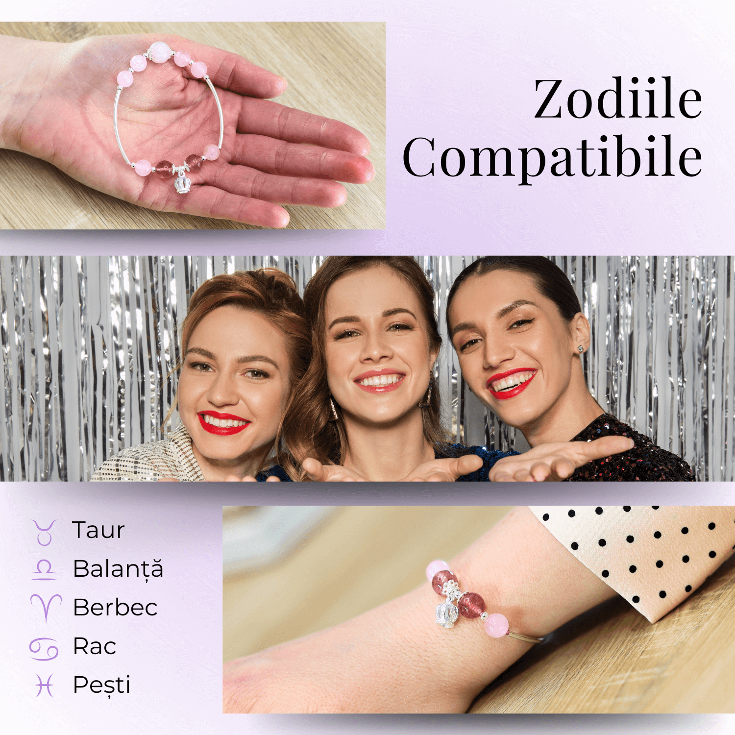 Bratara Metalica cu Margele din Cuart Roz si Pandantiv in Forma de Coroana