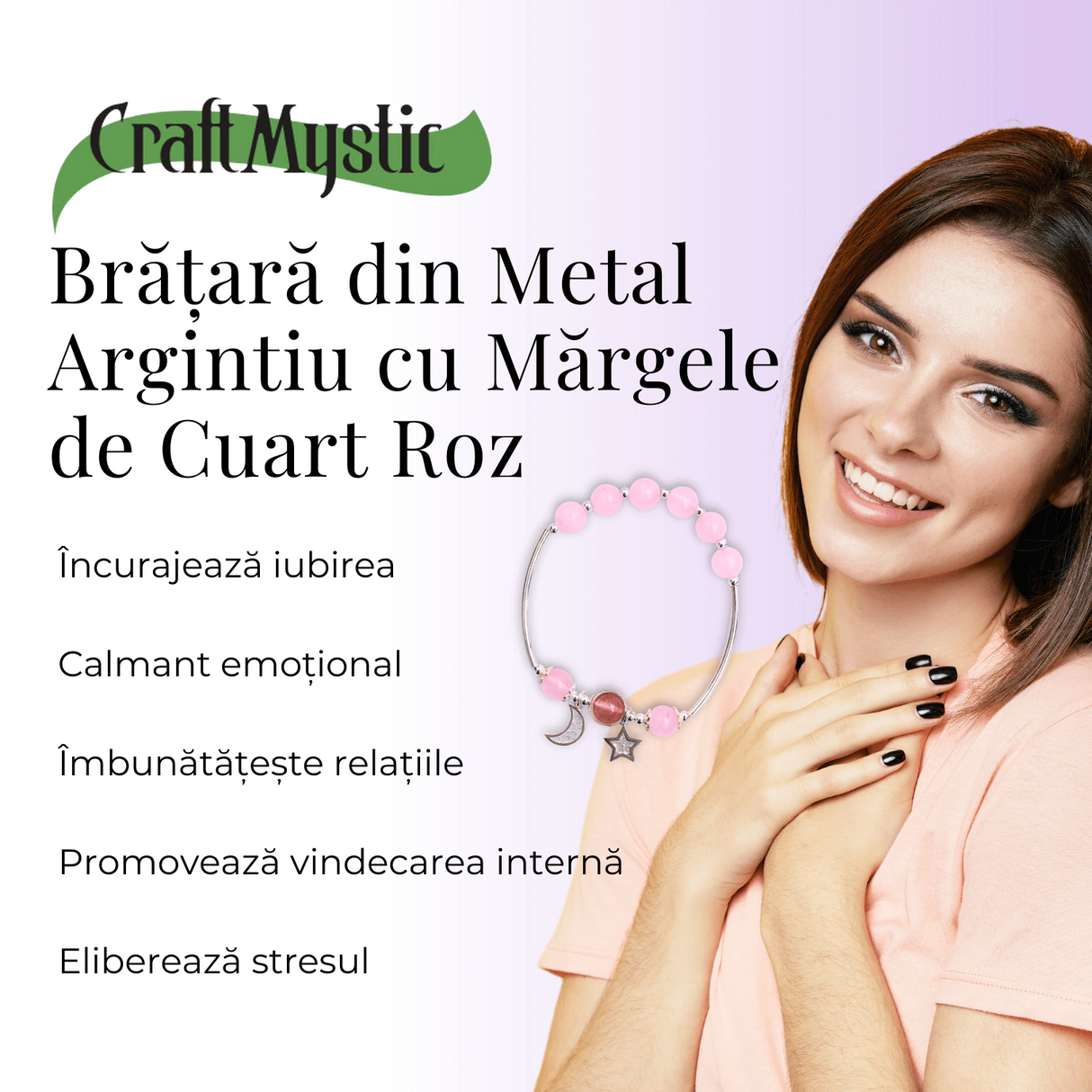 Bratara Metalica cu Margele din Cuart Roz, Pandantiv Stea si Luna
