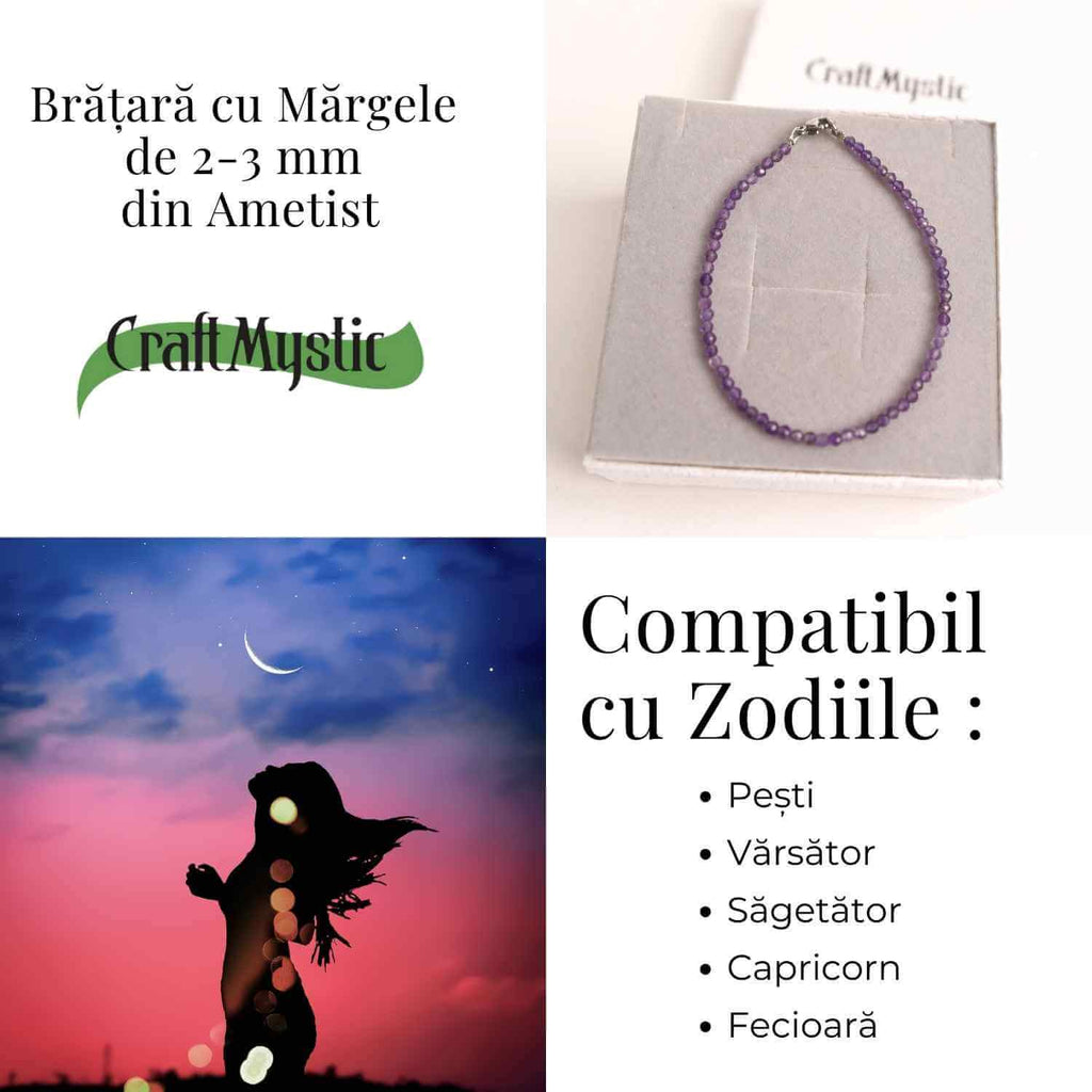 Bratara cu margele 2-3 mm ametist fatetat natural pentru calm si claritate mentala