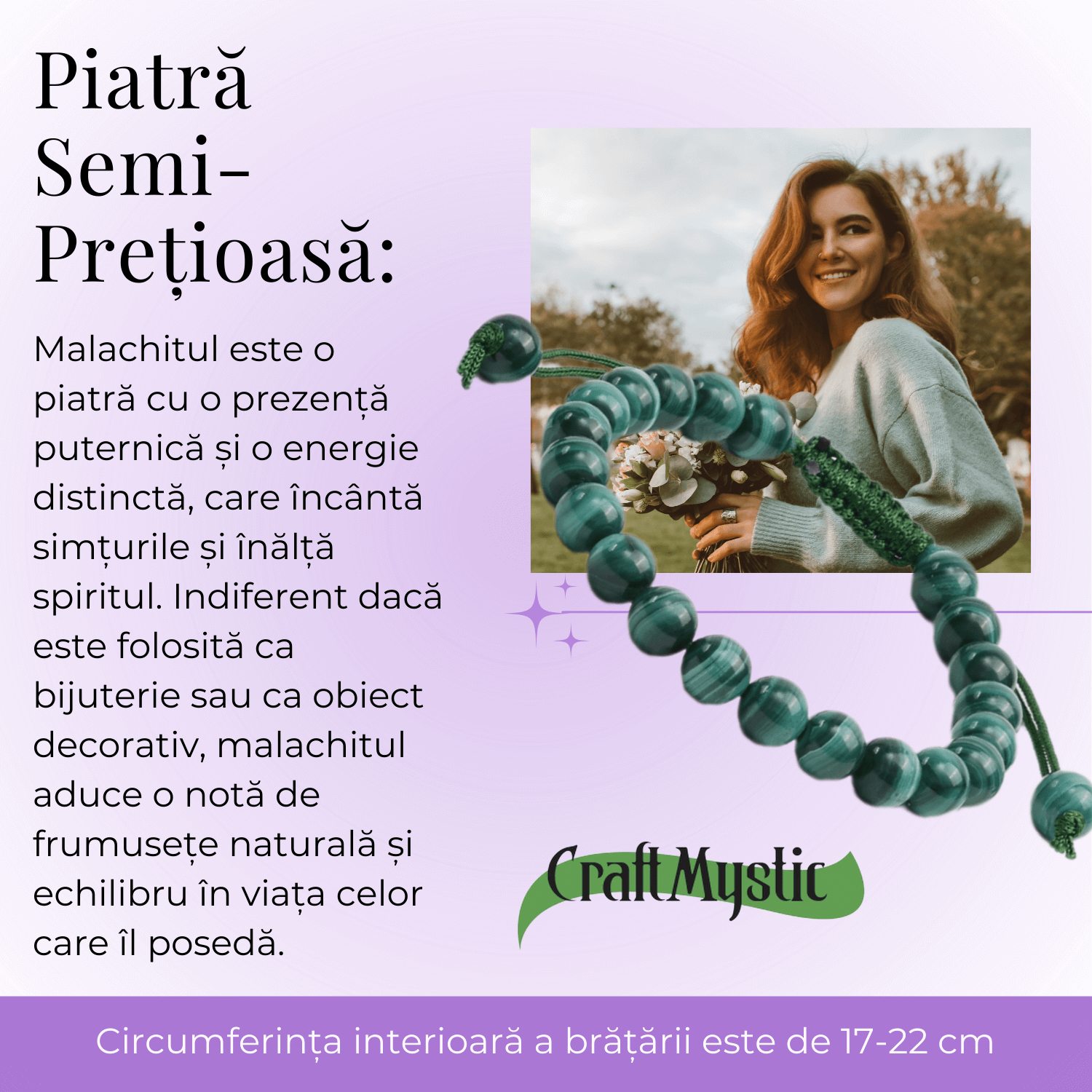 Bratara Reglabila cu Malachit Natural de 8mm