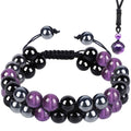 Set colier si bratara cu tripla protectie cu cristale naturale lucrata manual pentru barbati si femei - Margele de 8 mm din hematit, obsidian negru si ametist - Protectie, noroc