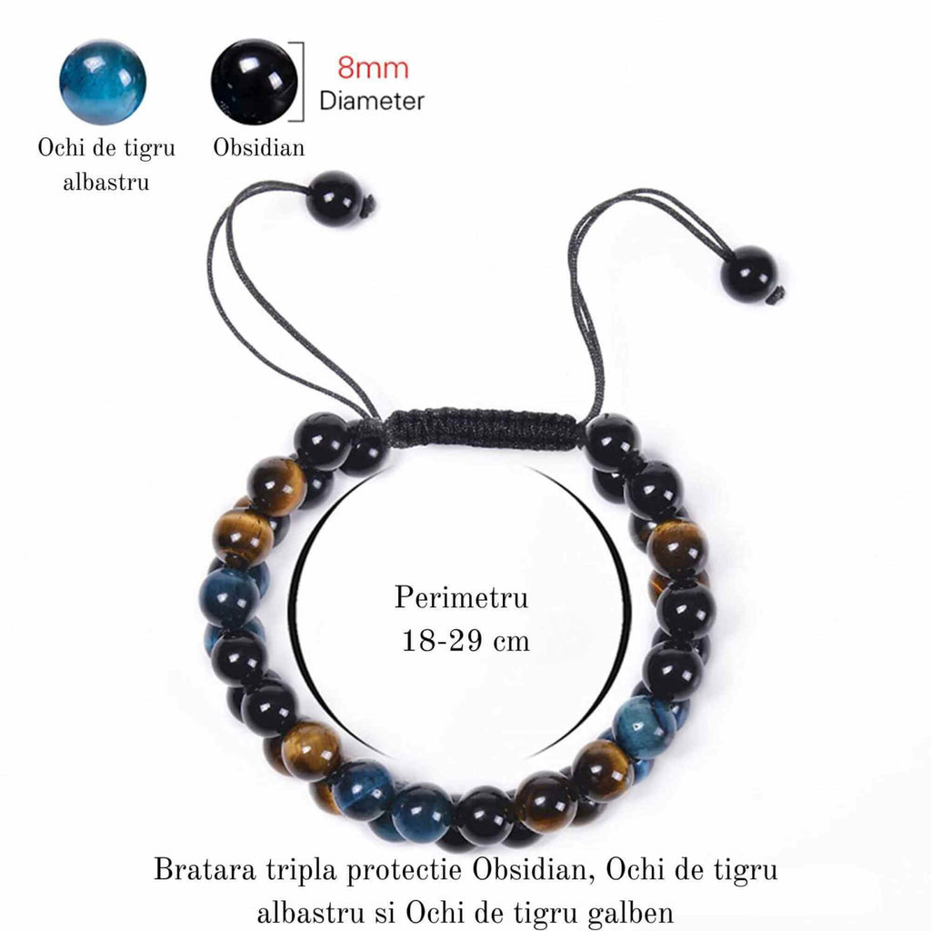 Bratara energetica cu tripla protectie, realizata din pietre semipretioase Obsidian, Ochi de tigru galben si Ochi de tigru albastru de 8 mm – bratara pentru noroc, protectie, stare de bine