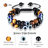 Bratara cu tripla protectie din pietre naturale 8mm Ochi de tigru natural, Obsidian negru si "Ochiul rau" - Pentru noroc si prosperitate, fericire