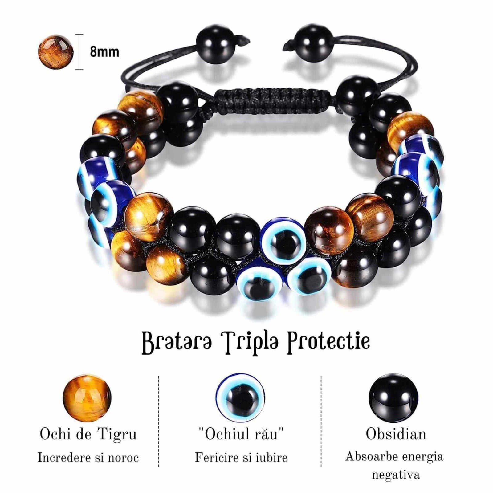 Bratara cu tripla protectie din pietre naturale 8mm Ochi de tigru natural, Obsidian negru si "Ochiul rau" - Pentru noroc si prosperitate, fericire
