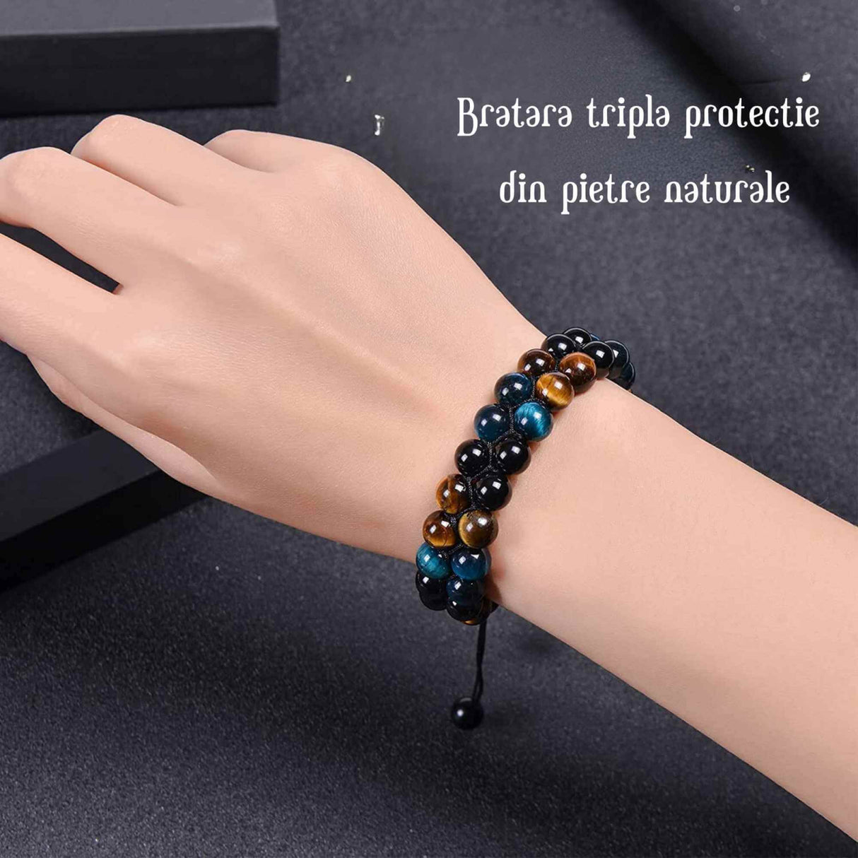 Bratara energetica cu tripla protectie, realizata din pietre semipretioase Obsidian, Ochi de tigru galben si Ochi de tigru albastru de 8 mm – bratara pentru noroc, protectie, stare de bine