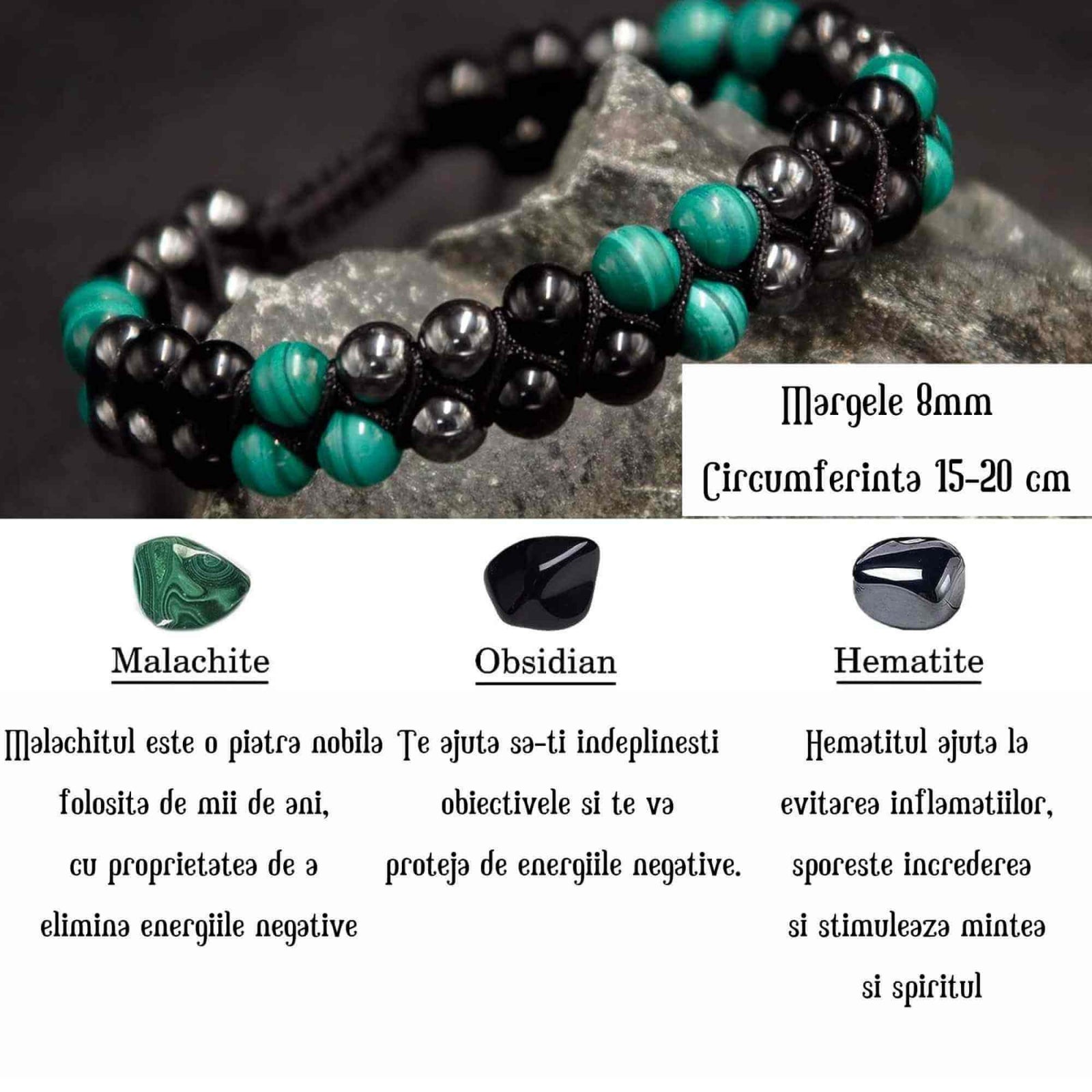 Bratara tripla protectie cu Cristale 8mm de Malachit, Obsidian Negru si Pietre Hematit - Bijuterie Autentica de Vindecare pentru Barbati si Femei