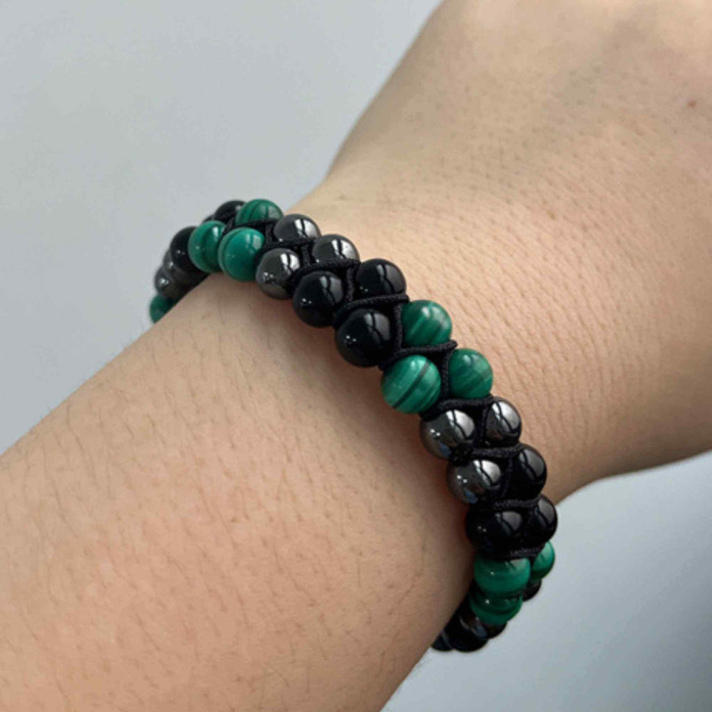Bratara tripla protectie cu Cristale 8mm de Malachit, Obsidian Negru si Pietre Hematit - Bijuterie Autentica de Vindecare pentru Barbati si Femei