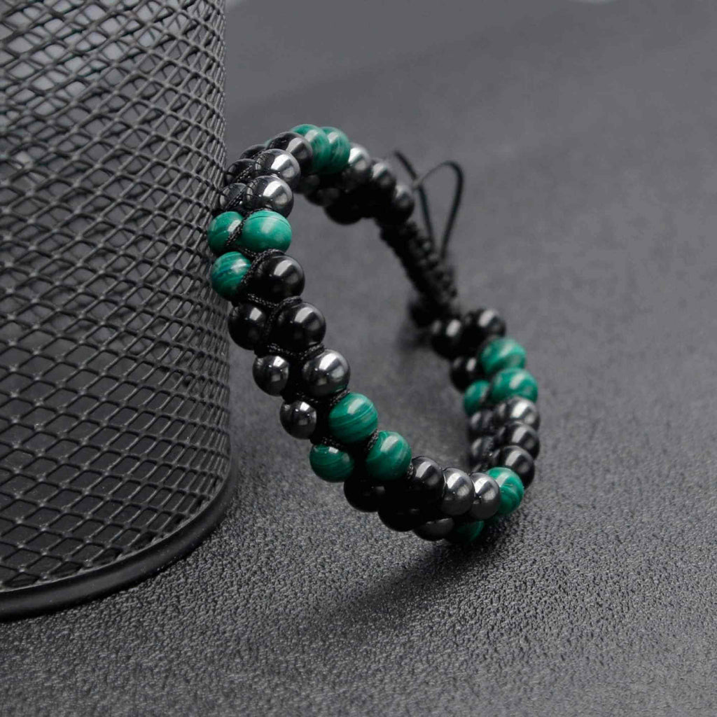 Bratara tripla protectie cu Cristale 8mm de Malachit, Obsidian Negru si Pietre Hematit - Bijuterie Autentica de Vindecare pentru Barbati si Femei