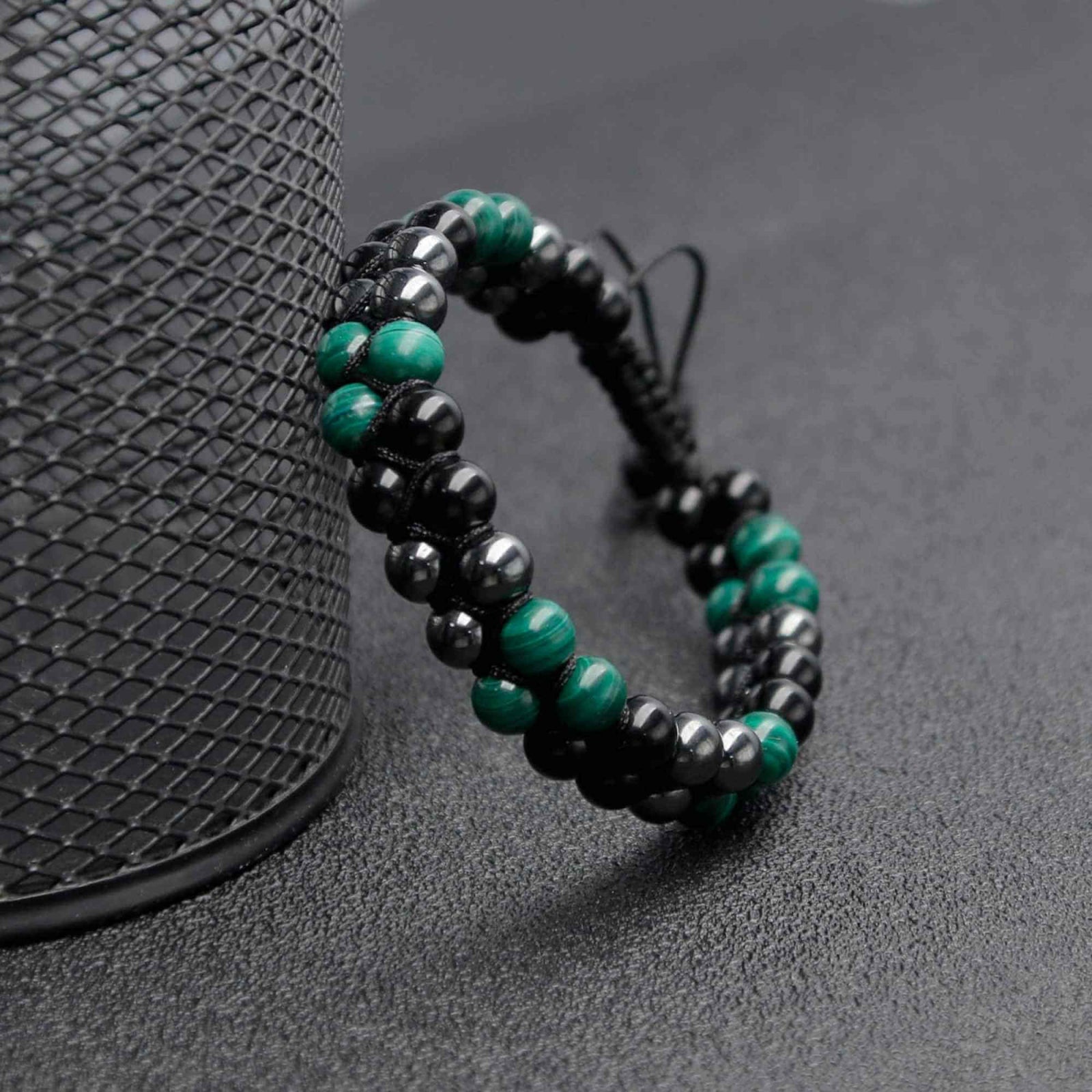 Bratara tripla protectie cu Cristale 8mm de Malachit, Obsidian Negru si Pietre Hematit - Bijuterie Autentica de Vindecare pentru Barbati si Femei